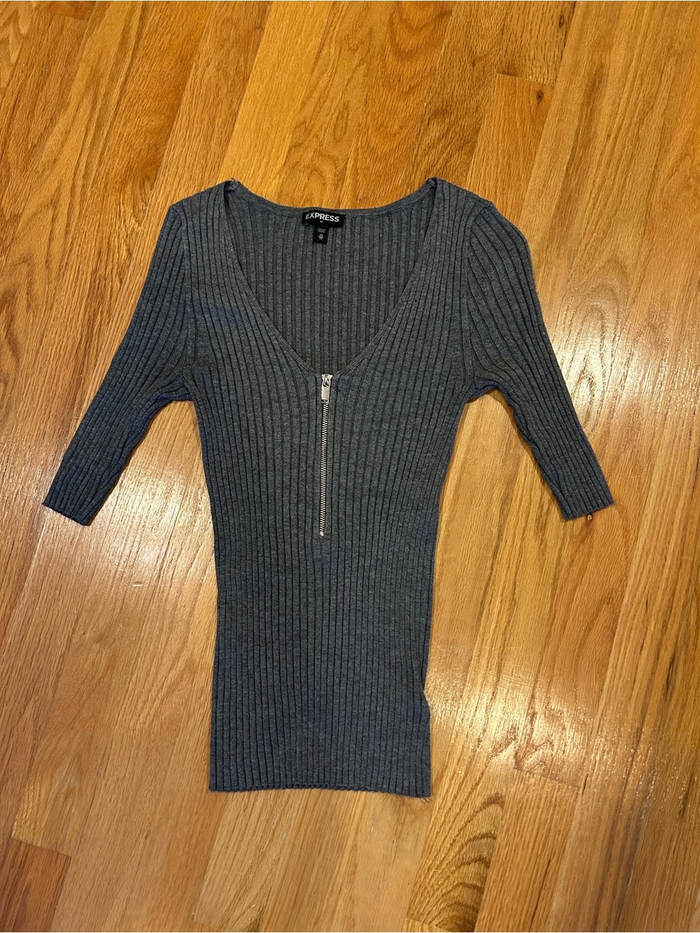 Express Charcoal Ribbed Zip-Neck Knit Top